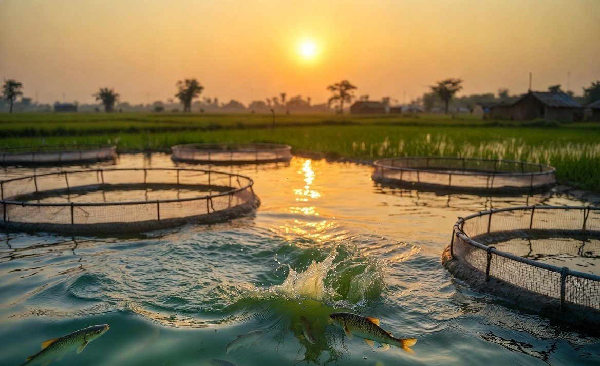 Cage culture fish farming at sunset